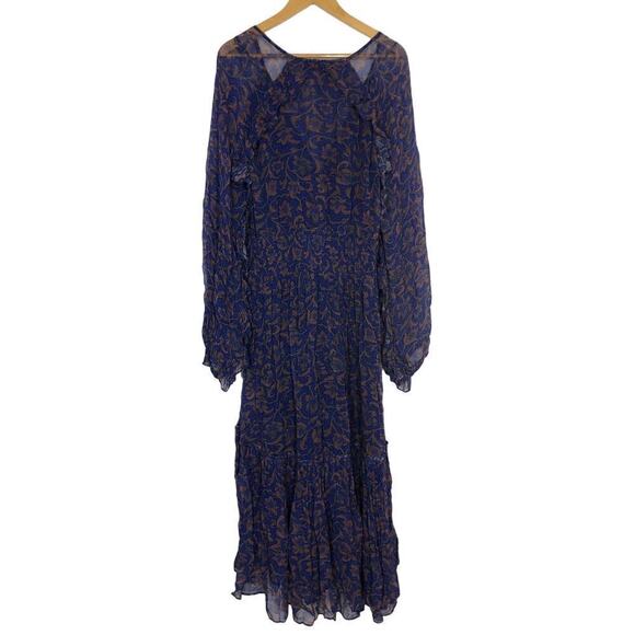 Figue Alessia Dress Floral Boho Smocked Ruffle Long Sleeve Midi Blue Purple XXL - Picture 5 of 9